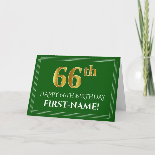 Carte Elégant Faux Gold Look 66e anniversaire, nom (vert (Devant)