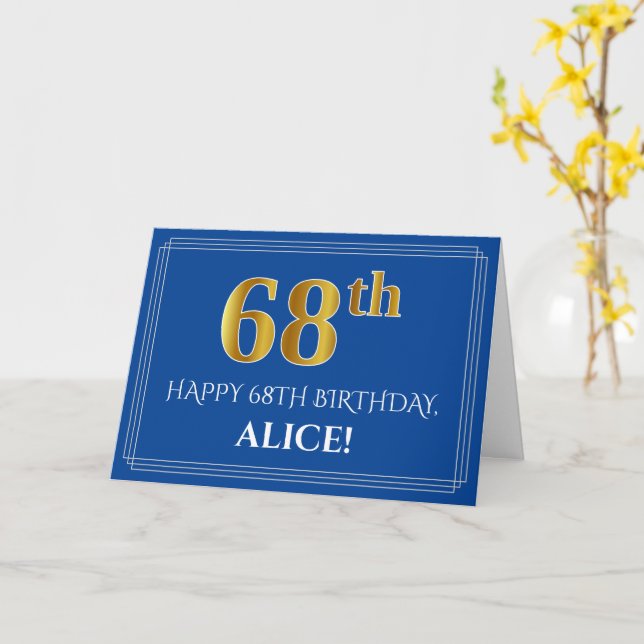 Carte Elégant Faux Gold Look 68e anniversaire, nom (bleu (Fleur jaune)