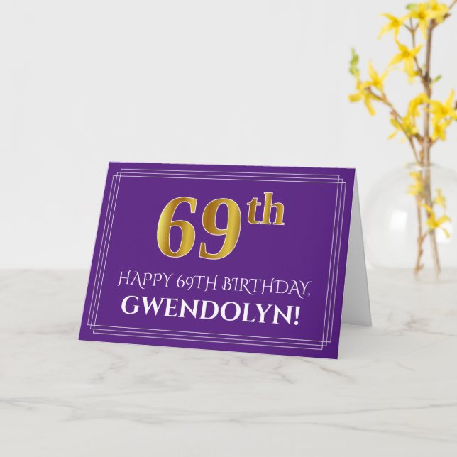 Carte Elégant Faux Gold Look 69e anniversaire, nom; viol (Fleur jaune)