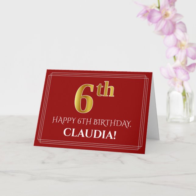 Carte Elégant Faux Gold Look "6ème" Anniversaire, Nom (R (Orchidée)