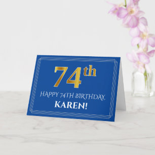 Carte Elégant Faux Gold Look 74e anniversaire, nom (bleu
