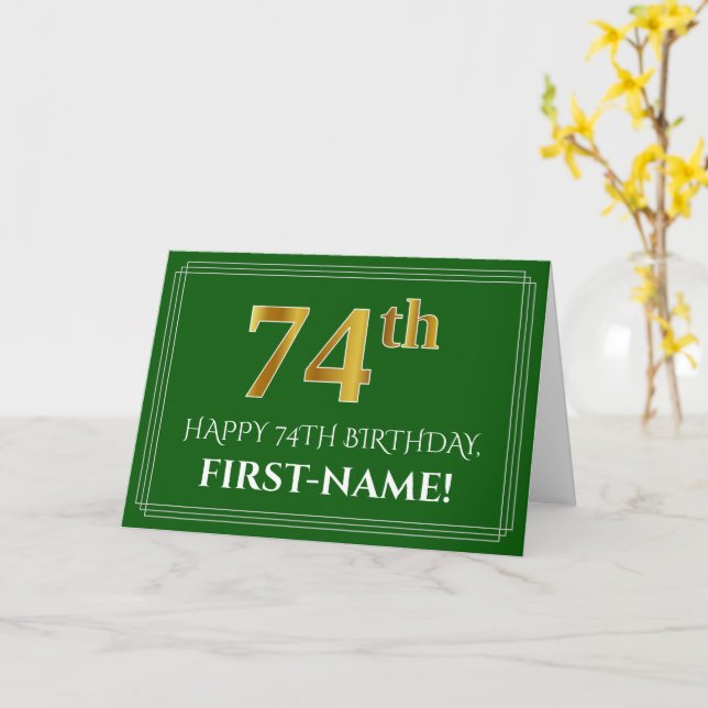 Carte Elégant Faux Gold Look 74e anniversaire, nom (vert (Fleur jaune)