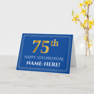 Carte Elégant Faux Gold Look 75e anniversaire, nom (bleu