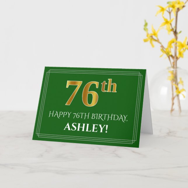 Carte Elégant Faux Gold Look 76e anniversaire, nom (vert (Fleur jaune)