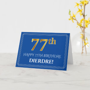 Carte Elégant Faux Gold Look 77e anniversaire, nom (bleu