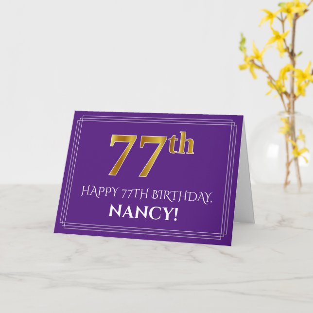Carte Elégant Faux Gold Look 77e anniversaire, nom; viol (Fleur jaune)