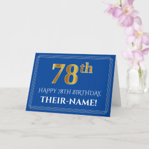 Carte Elégant Faux Gold Look 78e anniversaire, nom (bleu