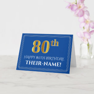 Carte Elégant Faux Gold Look 80e anniversaire, nom (bleu