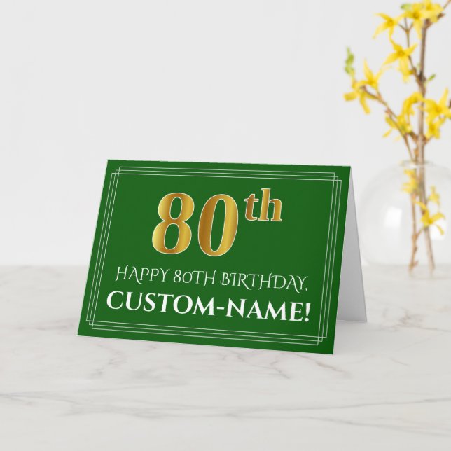 Carte Elégant Faux Gold Look 80e anniversaire, nom (vert (Fleur jaune)