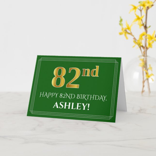 Carte Elégant Faux Gold Look 82e anniversaire, nom (vert (Fleur jaune)