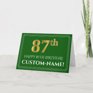 Carte Elégant Faux Gold Look 87e anniversaire, nom (vert