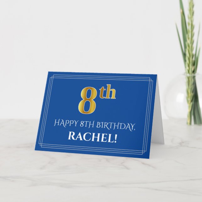Carte Elégant Faux Gold Look 8e anniversaire, nom (bleu) (Devant)