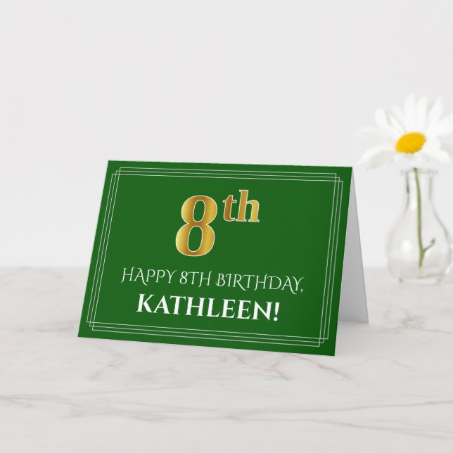 Carte Elégant Faux Gold Look 8e anniversaire, nom (vert) (Petite plante)