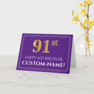 Carte Elégant Faux Gold Look 91e anniversaire, nom; viol