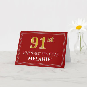 Carte Elégant Faux Gold Look "91ème" Anniversaire, Nom (