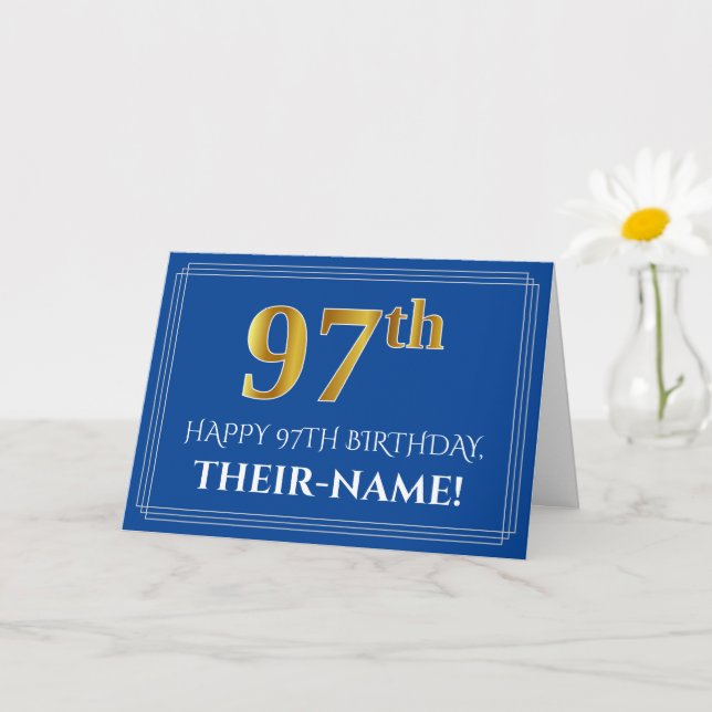 Carte Elégant Faux Gold Look 97e anniversaire, nom (bleu (Petite plante)