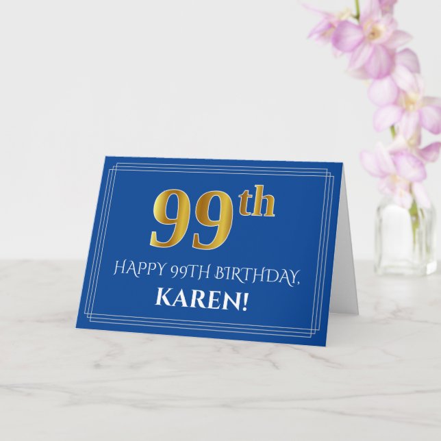 Carte Elégant Faux Gold Look 99e anniversaire, nom (bleu (Orchidée)