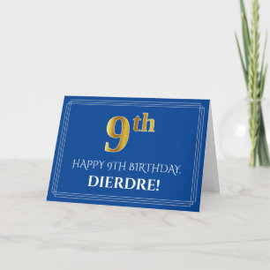 Carte Elégant Faux Gold Look 9e anniversaire, nom (bleu)