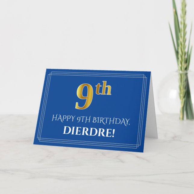 Carte Elégant Faux Gold Look 9e anniversaire, nom (bleu) (Devant)