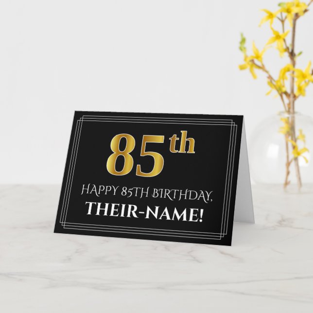 Carte Elegant Faux Look Or "85e" Anniversaire + Nom (Fleur jaune)