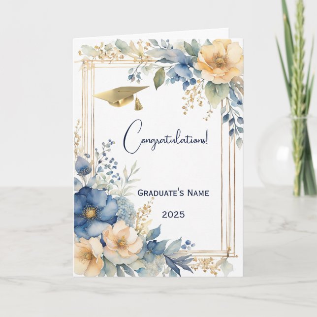 Carte Elégant Fleurs de Pêche Bleue Personnalisé Graduat (Devant)