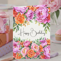 Elegant Floral Orange Pink Peonies Happy Birthday