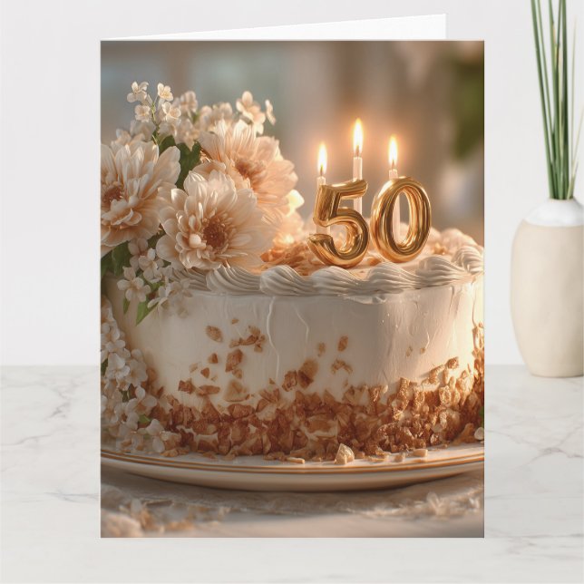 Carte Élégant gâteau 50e anniversaire avec Topper doré (Devant)