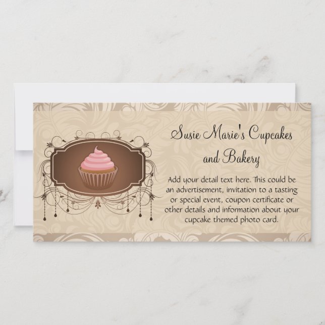 Carte Elégant Glamor Mocha Damask Cupcake Design (Devant)