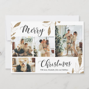 Carte Elégant Gold Botanical 4 Photo Collage Noël