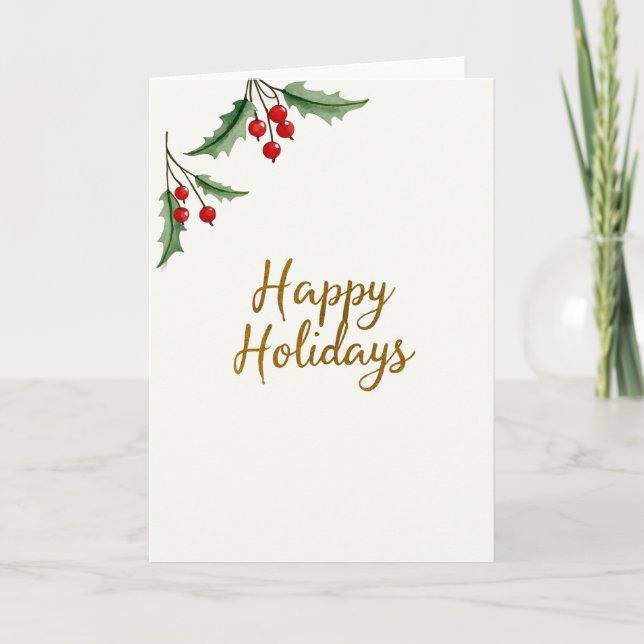 Carte Élégant Gold Script Happy Holidays Holly Card (Devant)