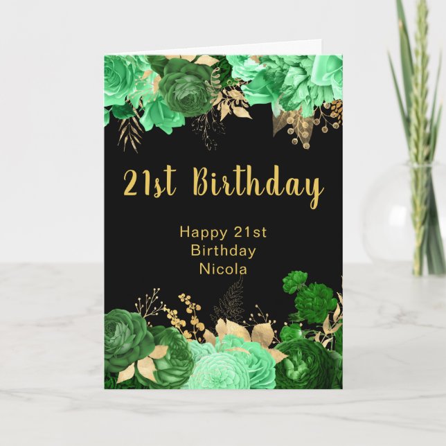 Carte Elegant Green and Gold Flowers Birthday Party (Devant)