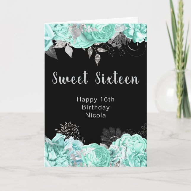 Carte Elegant Green and Silver Flowers Sweet Sixteen (Devant)