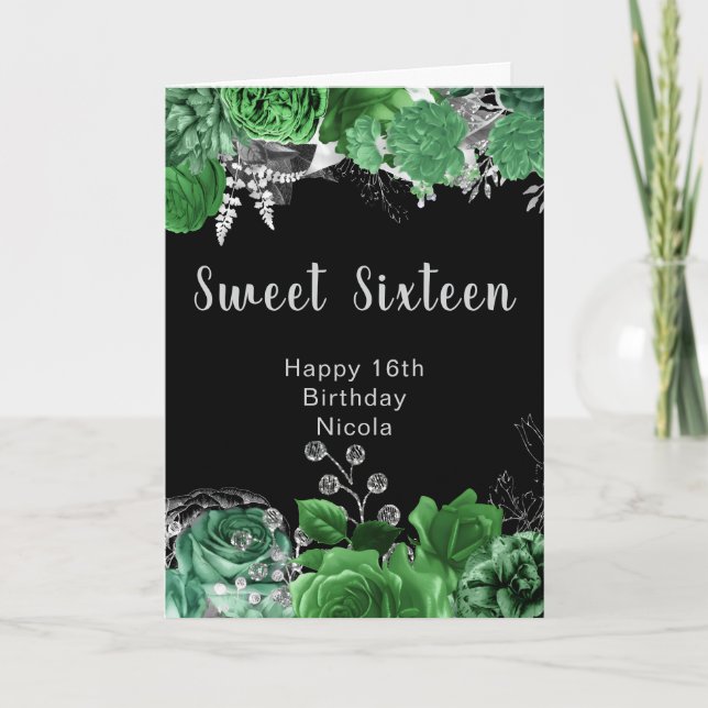 Carte Elegant Green and Silver Flowers Sweet Sixteen   (Devant)
