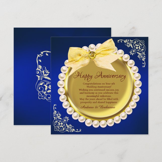 Carte Elégant Joyeux 5e anniversaire Mariage Or & Marine (Devant / Derrière)