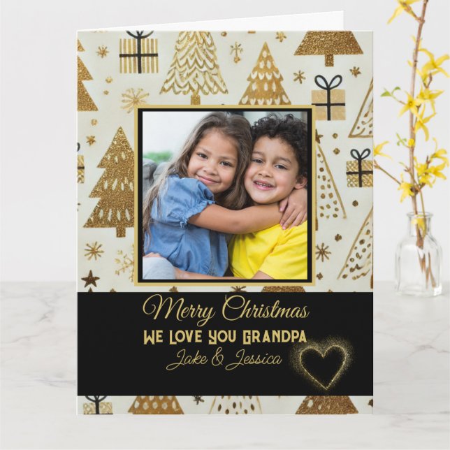 Carte Elégant Joyeux Grand-père de Noël Noir et Or (Fleur jaune)