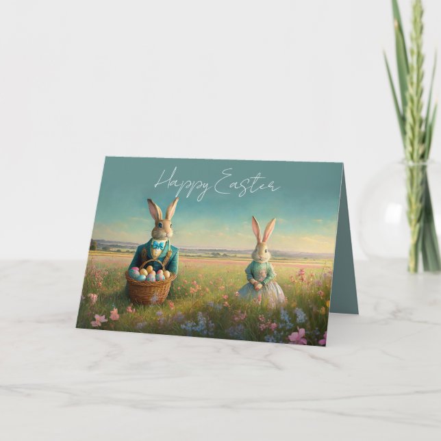 Carte Élégant lapin de Pâques Vintage garçon et fille (Devant)