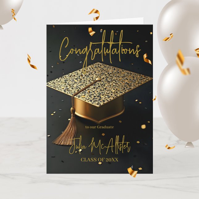 Carte Elégant Luxueux Golden Glitz Casquette Graduation (Créateur téléchargé)
