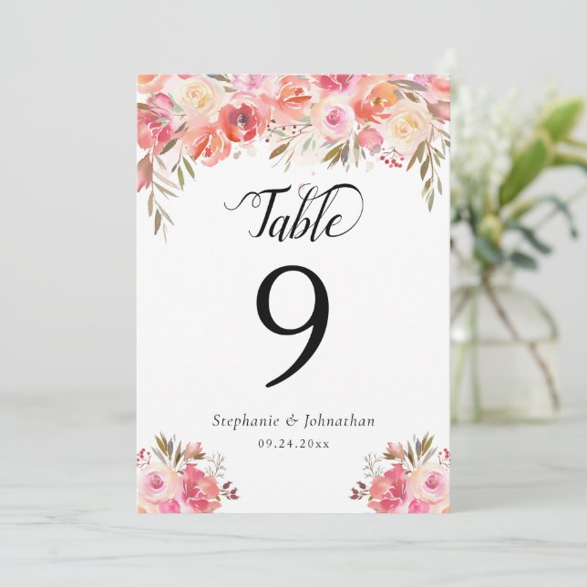 Carte Elégant Mariage d'aquarelle florale Numéro de tabl (Debout devant)