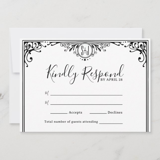 Carte Élégant Mariage de monogramme noir et blanc (Devant)