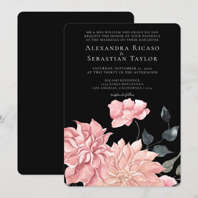 Carte Elégant Mariage floral aquarelle (Devant / Derrière)