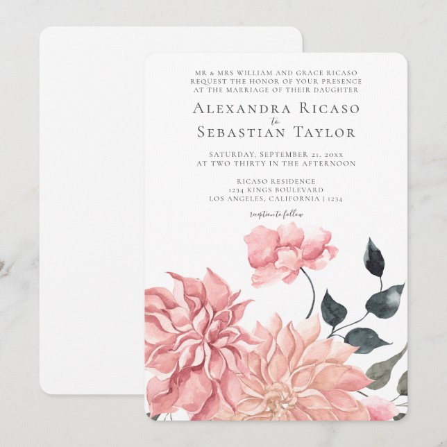 Carte Elégant Mariage floral aquarelle (Devant / Derrière)