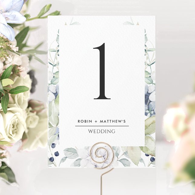 Carte Élégant Mariage floral blanc et bleu Numéro de tab (Créateur téléchargé)