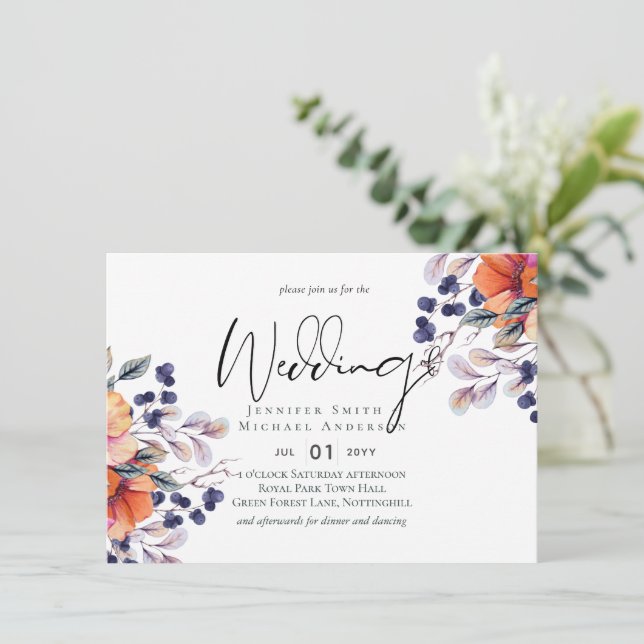 Carte Élégant Mariage Floral violet orange (Debout devant)