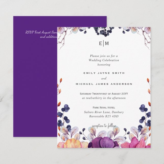 Carte Élégant Mariage Floral violet orange (Devant / Derrière)