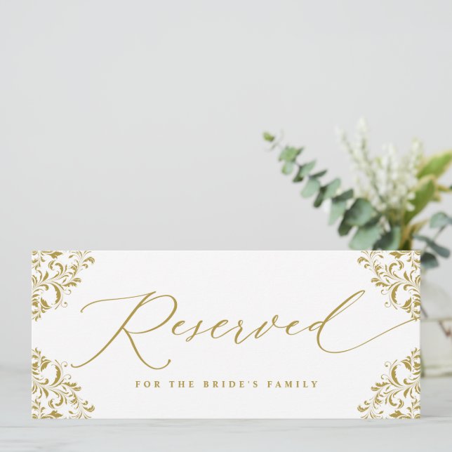 Carte Élégant Mariage Gold Réservé Chaise ou panneau de  (Debout devant)