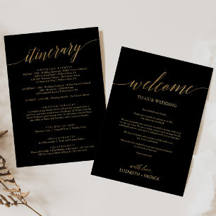 Carte Elégant Mariage noir et or Bienvenue et itinéraire