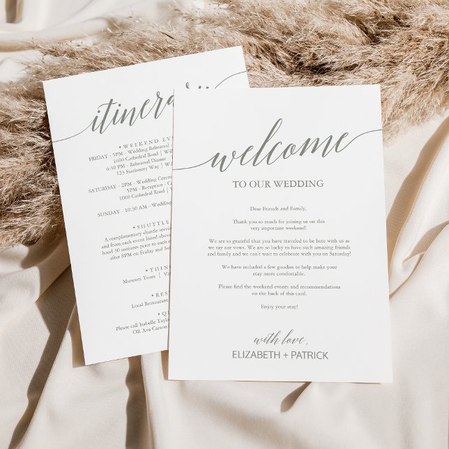 Carte Élégant Mariage Sage Lettre de bienvenue & Itinéra (Créateur téléchargé)