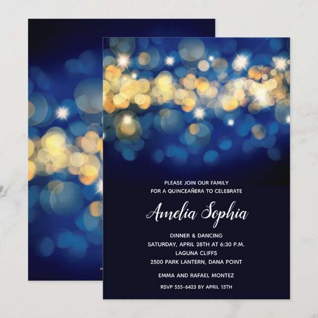 Carte Elegant Marine et Gold Bokeh Quinceañera Invitatio (Devant / Derrière)
