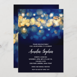 Carte Elegant Marine et Gold Bokeh Quinceañera Invitatio