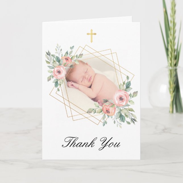 Carte Élégant Merci Floral D'Or Et De Baptême De Pêche (Devant)